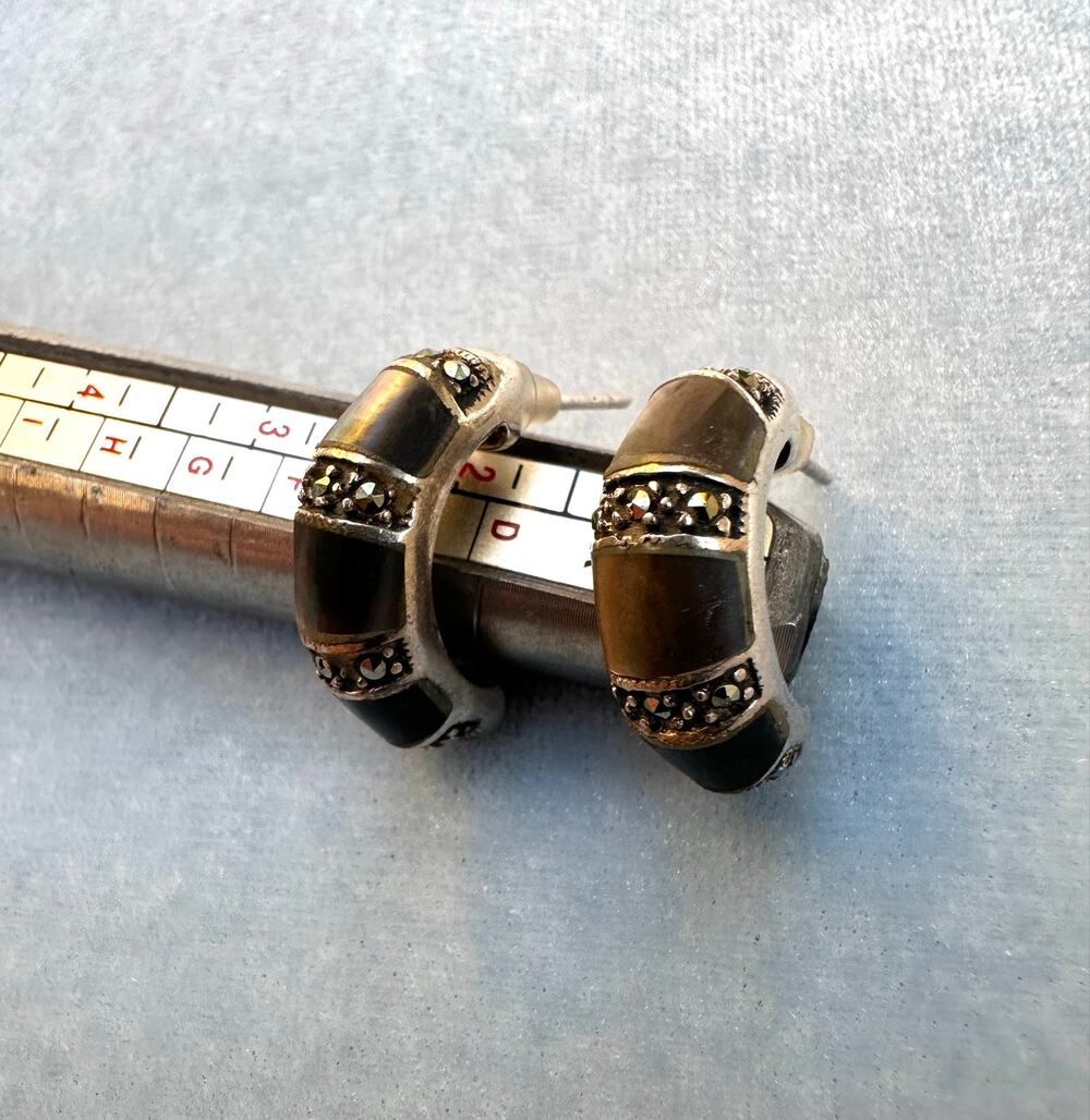 Vintage Sterling Silver Marcasite Inlay Thick J Hoop Earrings